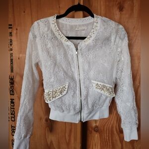 Elegant White Lace Jacket with Pearl Accents